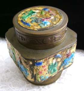Vintage Antique Chinese Enamel Tea Caddy Box ~ Ornate Scenic Brass Old 
