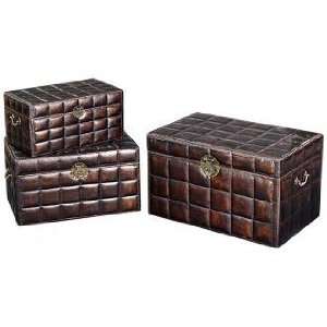    Set of 3 Deep Brown Faux Leather Decorative Chests