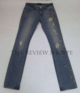 ABS Allen Schwartz Luxury Collection Embellished Distressed Slim Jeans 