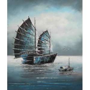 Sailing Ships at the Chinese Ocean II Oil Painting on Canvas Hand Made 