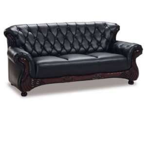 Traditional Classic Button Tufted Showood Accented Black Leather Sofa 