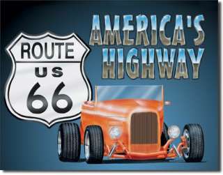 US Route 66 Vintage Roadster Hotrod Game Room Tin Sign  