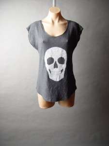 Charcoal Gray Studded Skull Graphic Print Punk Rock Edgy Goth Tee Top 