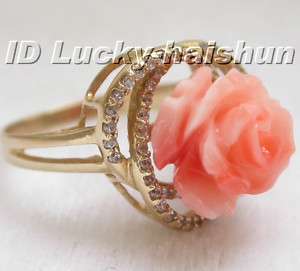 100% natural carved rose Free Form pink coral Rings 14K  