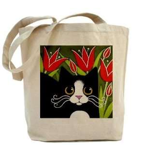  Black amp; White Tuxedo CAT Red Tulips Pets Tote Bag by 