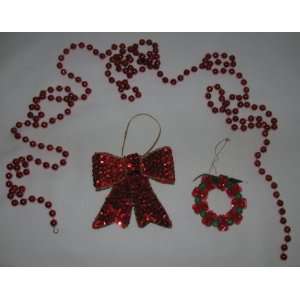  Assortment of Christmas Red Sequin Bow, Wreath, and Red 
