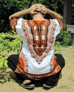 African Dashiki / Mexican Poncho Orange White Shirt XXL  