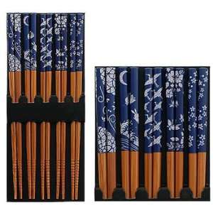 Five Pairs of Asian Blue and White Wooden Chopsticks  