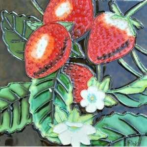   Ceramic Artist Tile With Hanger   Strawberries Fruit Themed (0218