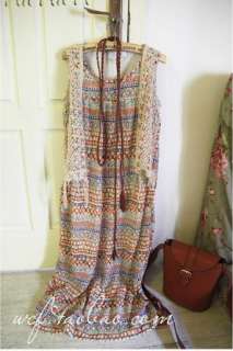 Womens Vintage Crochet Faux 2 Pcs Tencel Long Summer Beach Dress XS S 