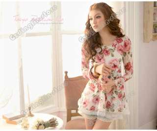   Rose Flower Prints Lace Joker Casual Tops Shirts Blouses #286  