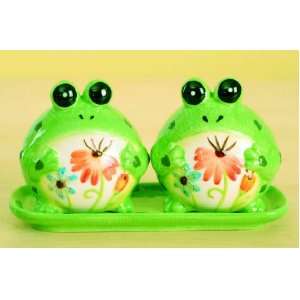  Ceramic Frogs Salt and Pepper Shakers with Tray (Set of 3 