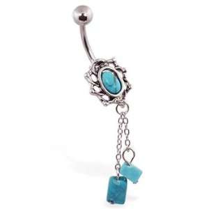  Turquoise belly ring with dangling chains and turquoise 