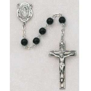   BEAD BLACK GLASS ROSARY STERLING CENTER & CRUCIFIX 