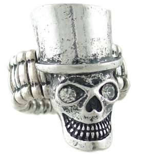 Rock n Roll Skull in Top Hat Ring in Silver Tone and Crystal Stretches 