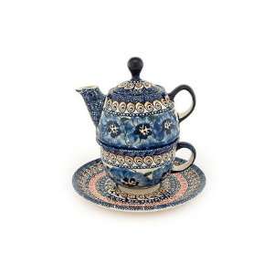  Polish Pottery Blue Art Individual Teapot & Cup