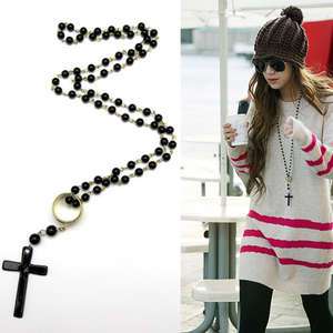   Rosary Beads Necklace Crucifix Ring Long Cross Pendant Chain Gift