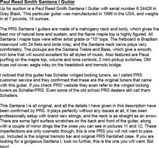 Paul Reed Smith PRS Santana I Ten Top Guitar Grey Black 1996 10 Artist 