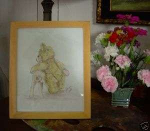   Watercolor Painting C PETERSON Steiff Teddy Bear FRAMED OOAK listed