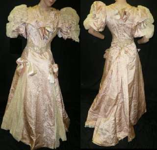 VICTORIAN 1890 BELL EPOCHE PINK SATIN BROCADE BEADED BALL GOWN DRESS 