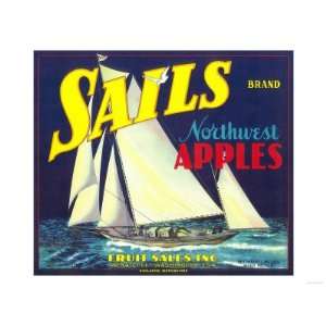  Sails Apple Label   Wenatchee, WA Giclee Poster Print 