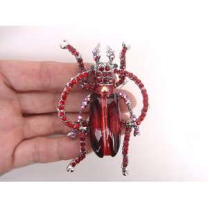 Silvertone Ruby Red Crystal Rhinestone Beetle Bug Fashion Jewelry Pin 
