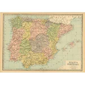  Bartholomew 1881 Antique Map of Spain & Portugal Office 