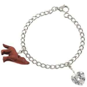   Steel Wooden Wolf and Cubic Zirconia Heart Charm Bracelet, 7.5 inches