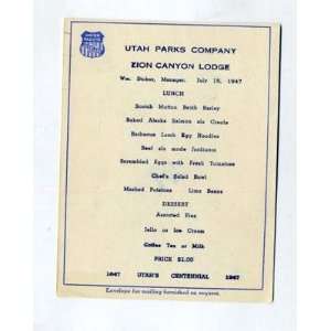  1947 Union Pacific Zion Canyon Lodge Lunch Menu 