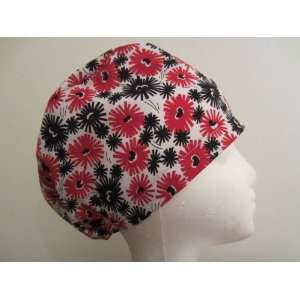   Womens Close Fit Scrub Cap, Adjustable, Red Flowers 