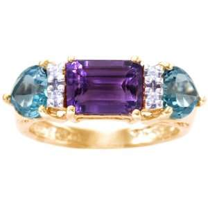 14K Yellow Gold Octagon and Heart Gemstone Ring  Multi Amethyst Sky 