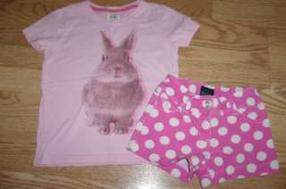 Mini Boden girls BUNNY shirt top & pink dot/heart shorts LOT 5 6 YR 