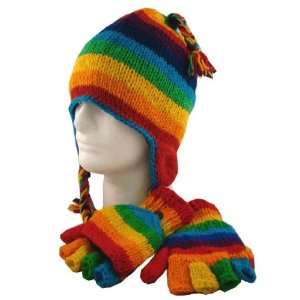   Knit Earflaps Beanie Ski Wool Fleeced Hat & Glove Set 