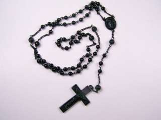 36 All Black Metal Beads Hip Hop Rosary Necklace Chain Pendant Cross 