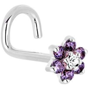 Solid 14KT White Gold Amethyst and Clear Cubic Zirconia Flower Left 