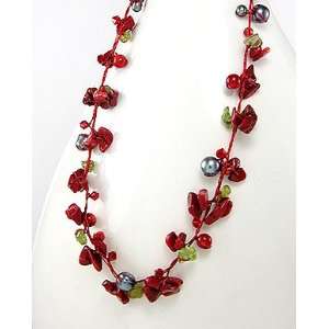  Red Coral Peridot Pearl Necklace 
