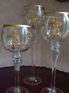 New Set 3 Hurricanes Glass Candle Holders Gold Cross  