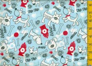 yd FLANNEL Black & White Dogs Red Fire Hydrants on Blue BTY  