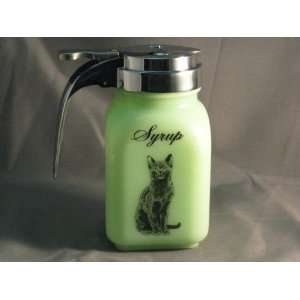  Green Milk Glass Syrup Pourer with Caz the Cat Logo 