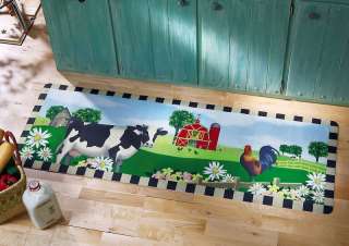 Country Home Kitchen Decor Rooster Cow & Barn Scenery Floor Runner Rug 