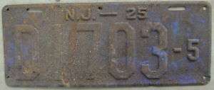 1925 NEW JERSEY LICENSE PLATE # D1703 5  
