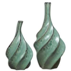  Set of 2 Ceramic Aqua Vases