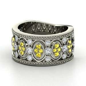 Renaissance Band, 14K White Gold Ring with Diamond & Yellow Sapphire