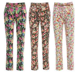 NEW WOMENS LADIES FLORAL PRINT BELTED SAFARI STYLE TROUSER JEANS UK 