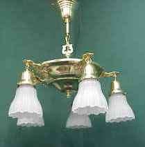 FANCY 1910 BRASS CHANDELIER ~ 5 SHADES ~ RESTORED ~ READY TO HANG 