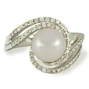  14k White Gold, Akoya Cultured Pearl & Diamond Ring (0.65 