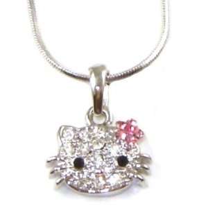 Small Lovable Hello Kitty 1/2 Crystal Pendant Necklace Pink Flower 