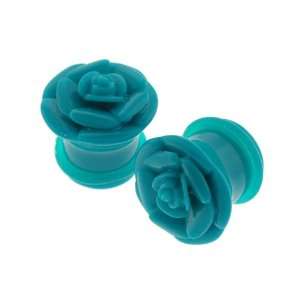  Teal Acrylic Single Flare Plugs with Rose Design   1/2 