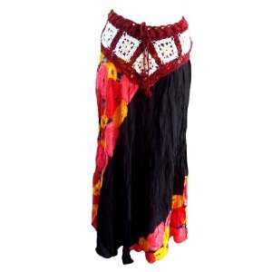 Red Cotton Long Skirt with hand knitting 