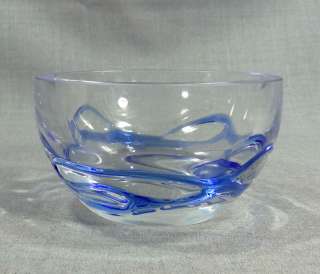 VINTAGE KROSNO POLAND COBALT BLUE CLEAR GLASS BOWL CRYSTAL FACETED RIM 